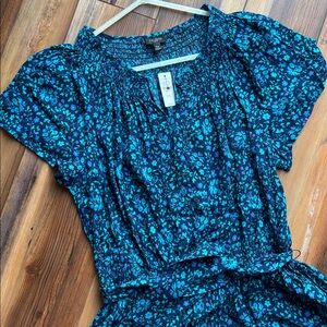 Talbots Petite XL Smocked Floral Tie Waist Dress Blue Teal NWT